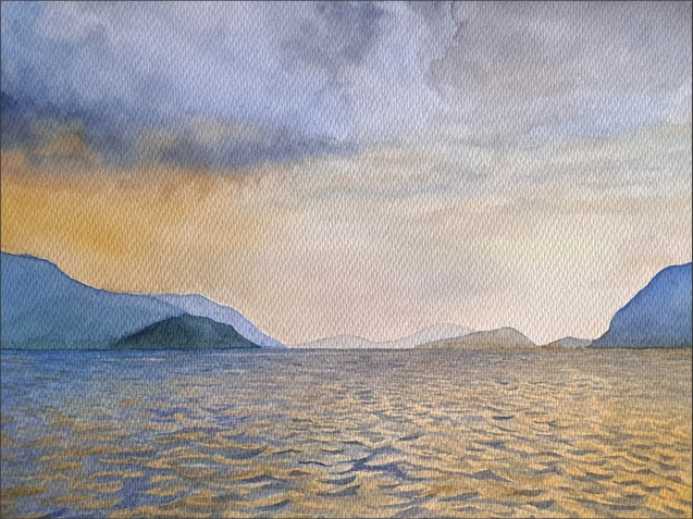 Zachód nad jeziorem akwarela, 41x31 cm
